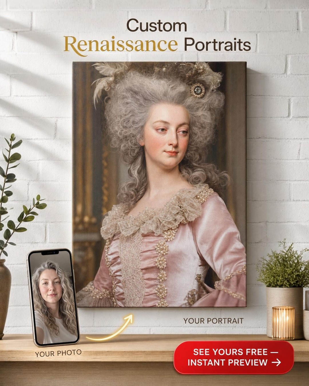Custom Royal Woman Portrait — Regal Crown & Flowers Canvas