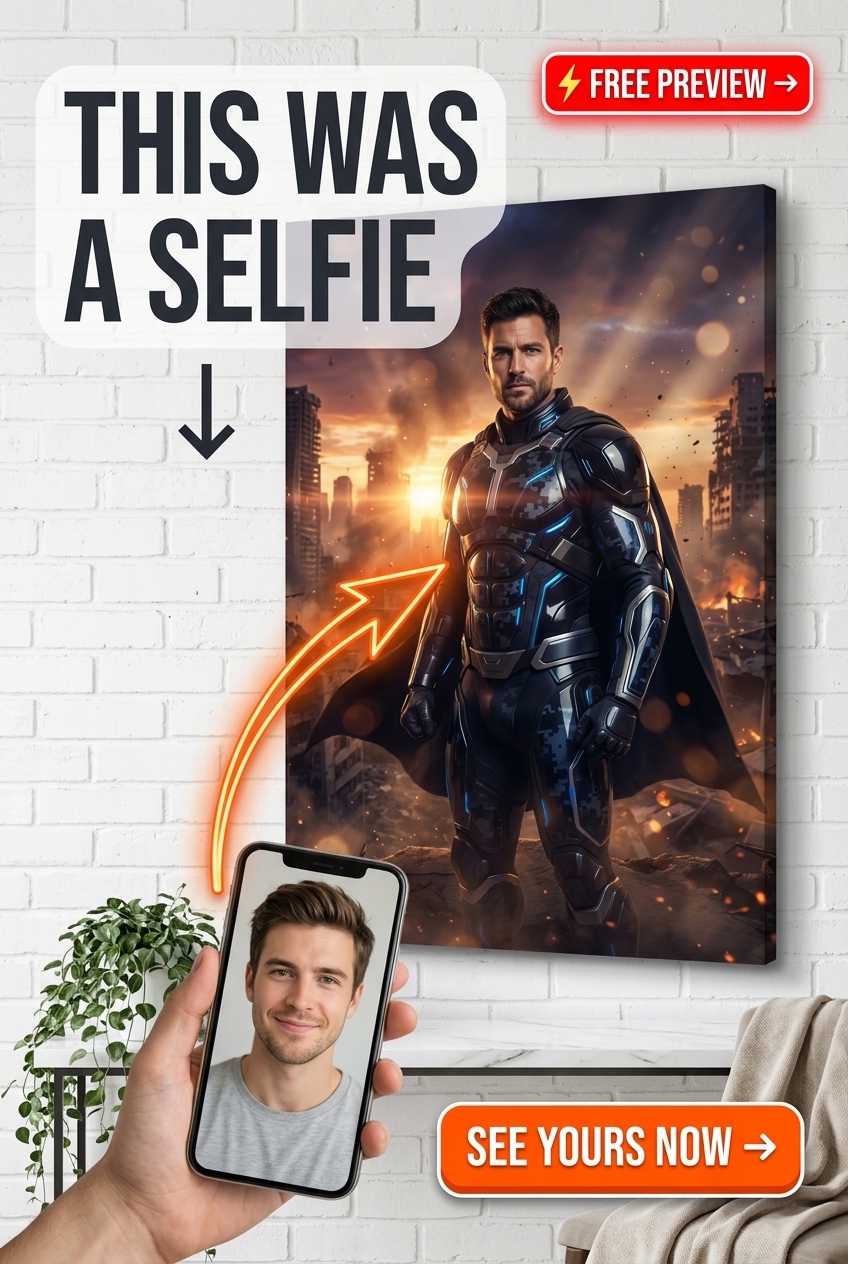 Custom Superhero Man Portrait — Heroic Canvas Wall Art from Photo