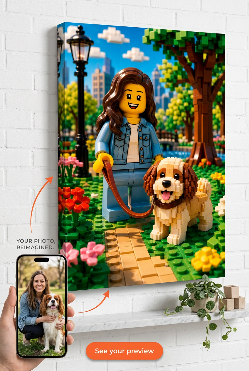 Custom Brick Minifigure Dog Owner + Dog Portrait from Photo | Personalized Canvas Gift