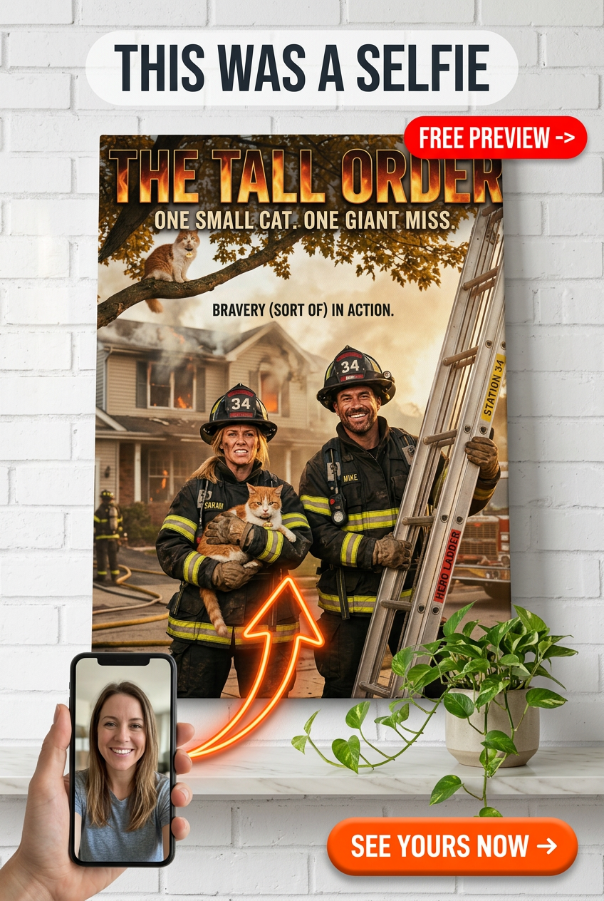 Custom Firefighter Pet Cat Portrait — Whimsical Rescue Canvas