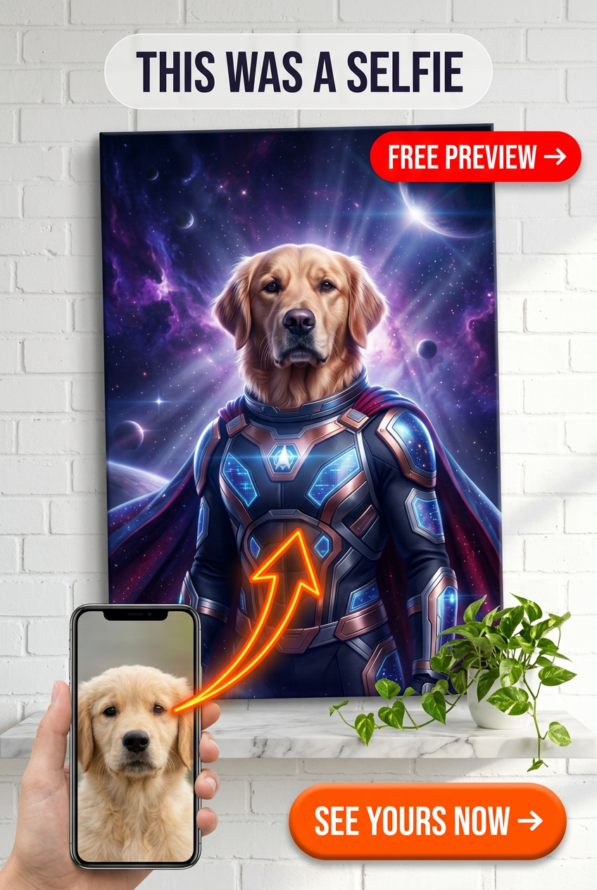 Custom Superhero Dog Portrait — Whimsical Galaxy Canvas
