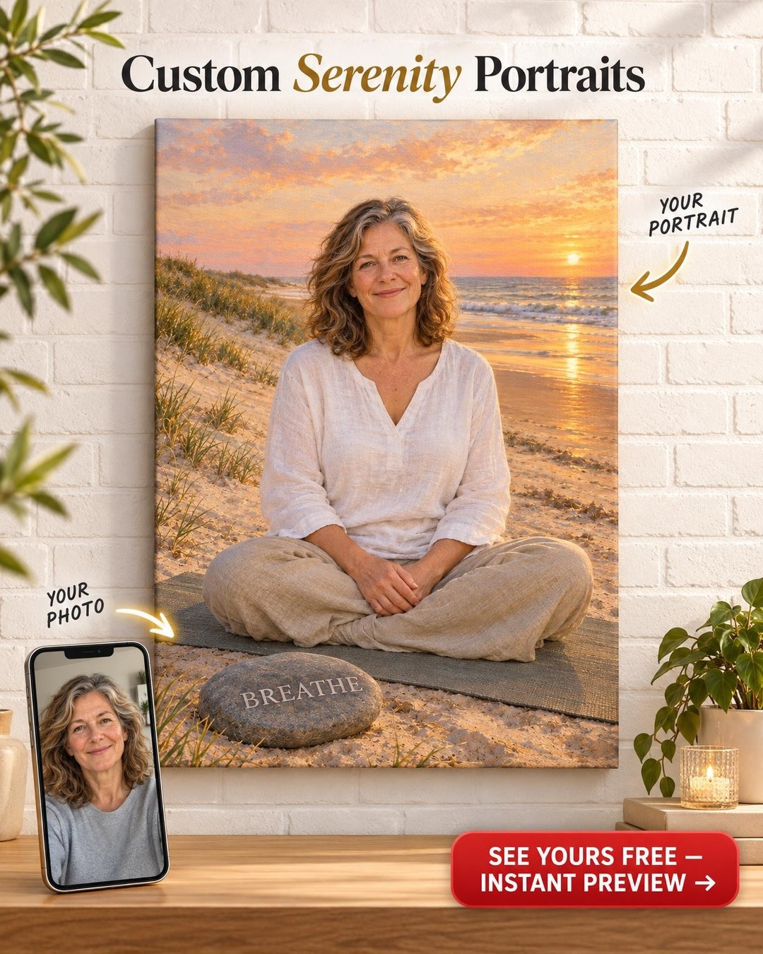 Her Word on the Beach Custom Portrait from Photo | Personalized Serenity Portrait Gift