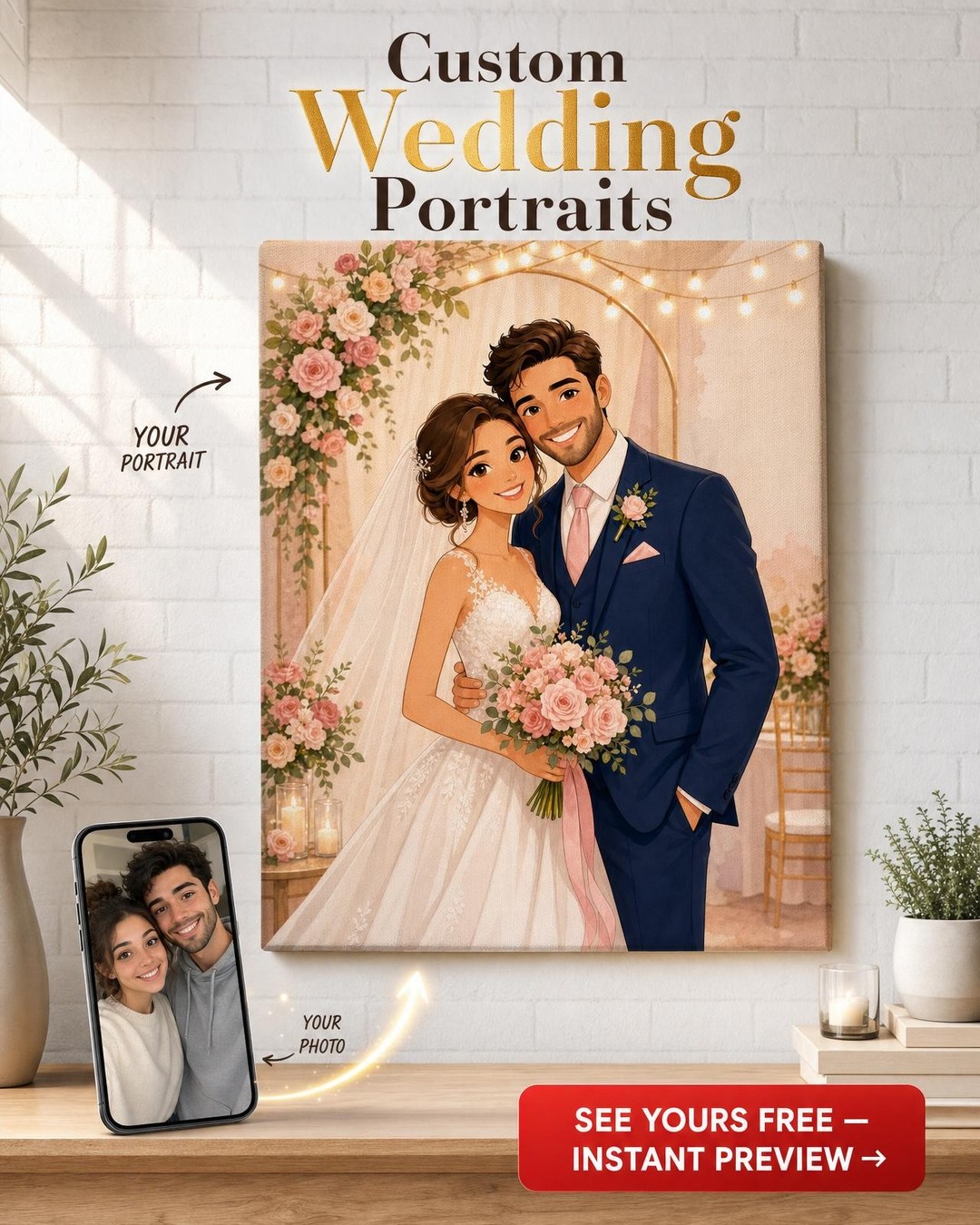 Custom Cartoon Couple Portrait — Romantic Wedding AI Art from Photo