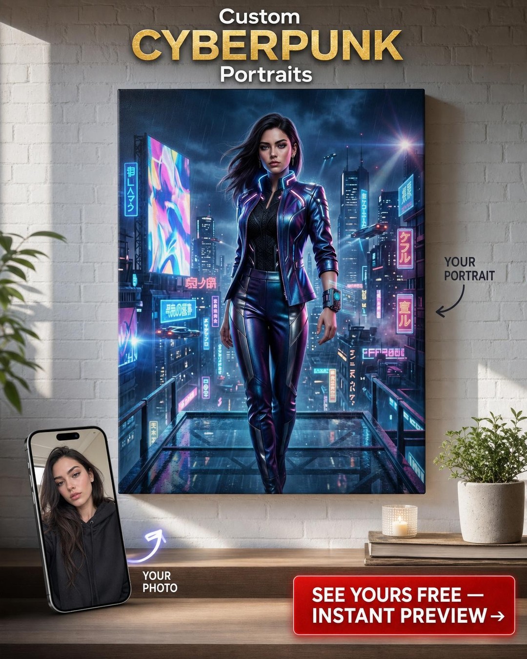 Custom Cyberpunk Man Portrait — Heroic Neon Canvas for Her