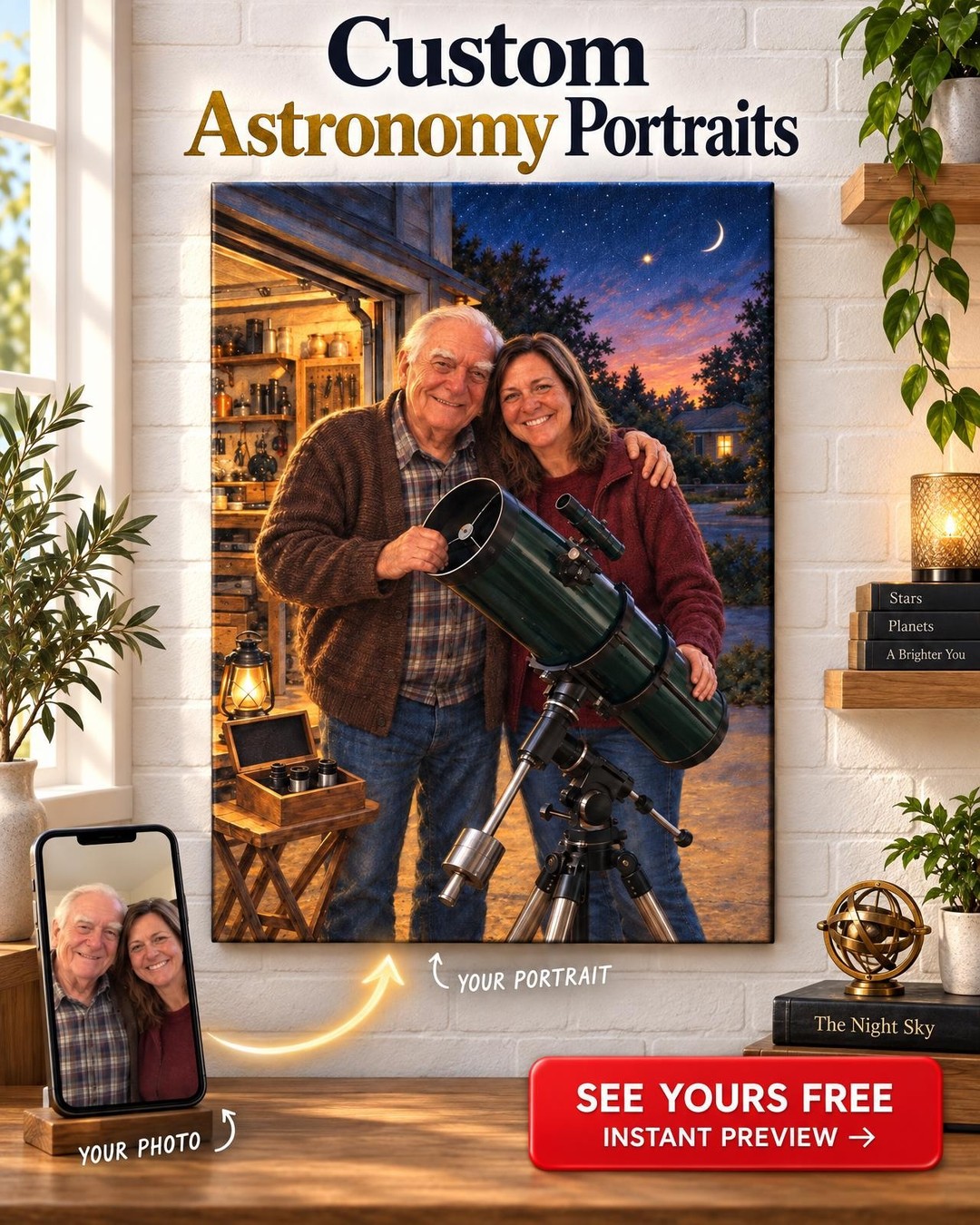 Dad’s Telescope Custom Portrait from Photo | Personalized Stargazing Gift
