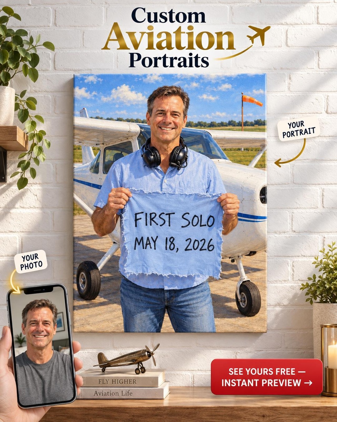 First Solo Pilot Custom Portrait from Photo | Personalized Pilot Portrait Gift
