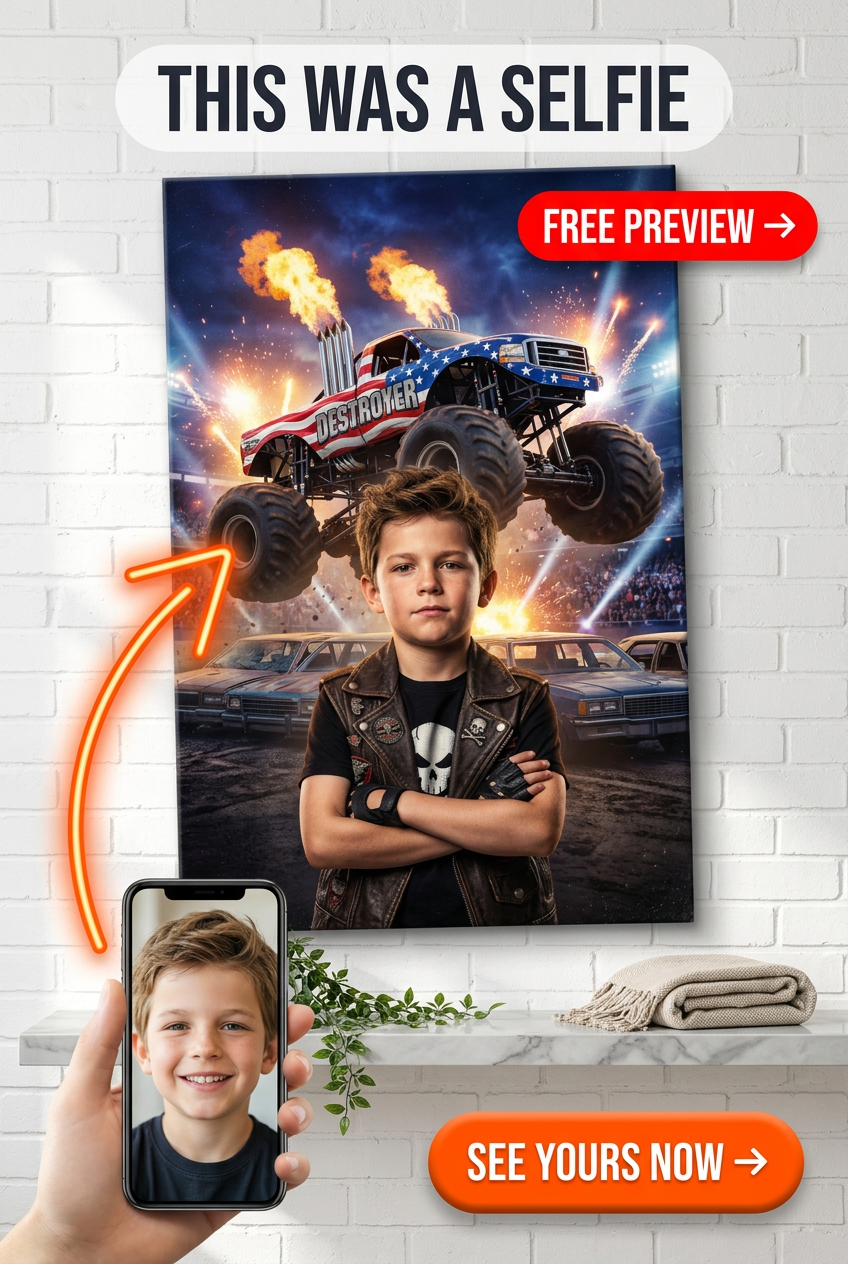Custom Superhero Man Portrait — Heroic Monster Truck Canvas