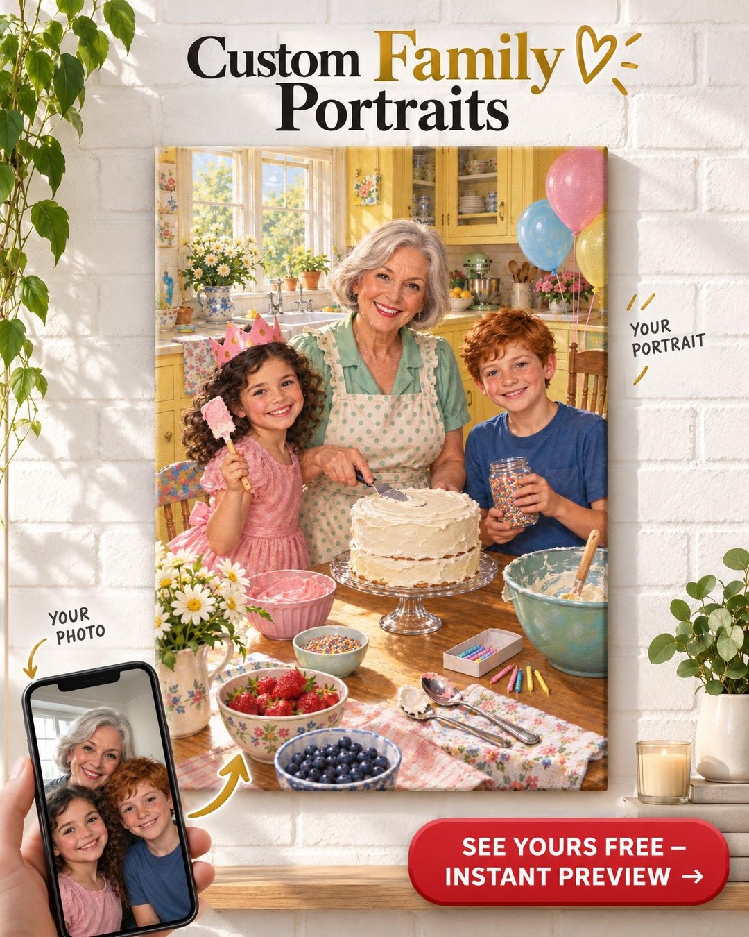 Birthday Cake with Grandma Custom Portrait from Photo | Personalized Grandma Kitchen Portrait Gift