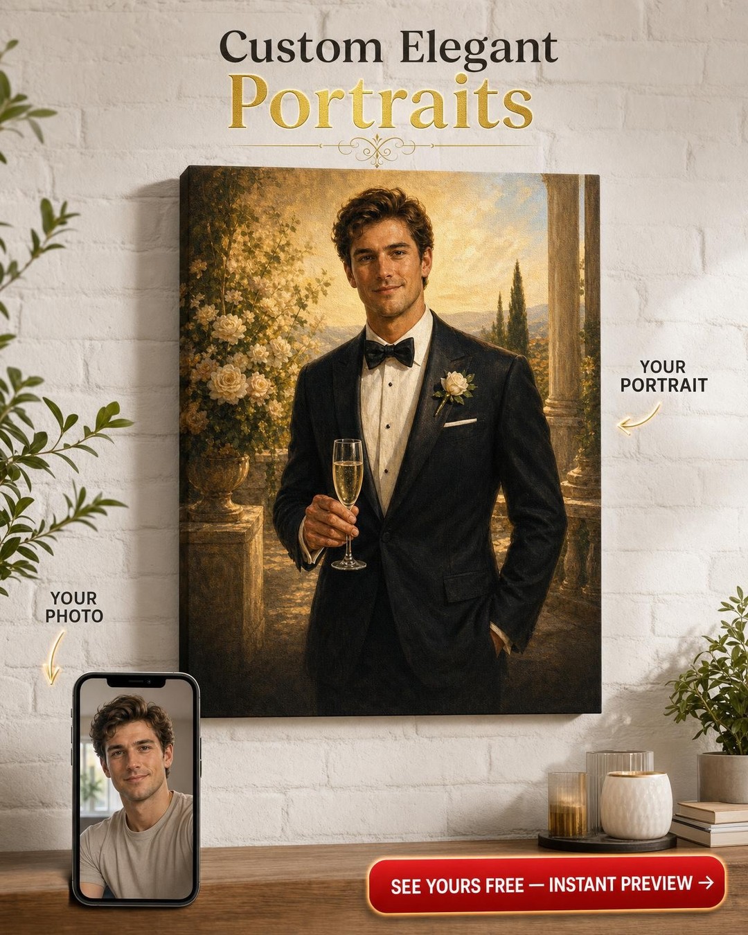Best Man Gift Portrait — Classic Tuxedo — AI-regenerated portrait personalized w