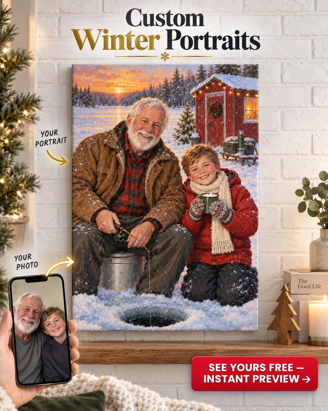Christmas Ice Fishing with Grandpa Custom Portrait from Photo | Personalized Fishing Together Portrait Gift