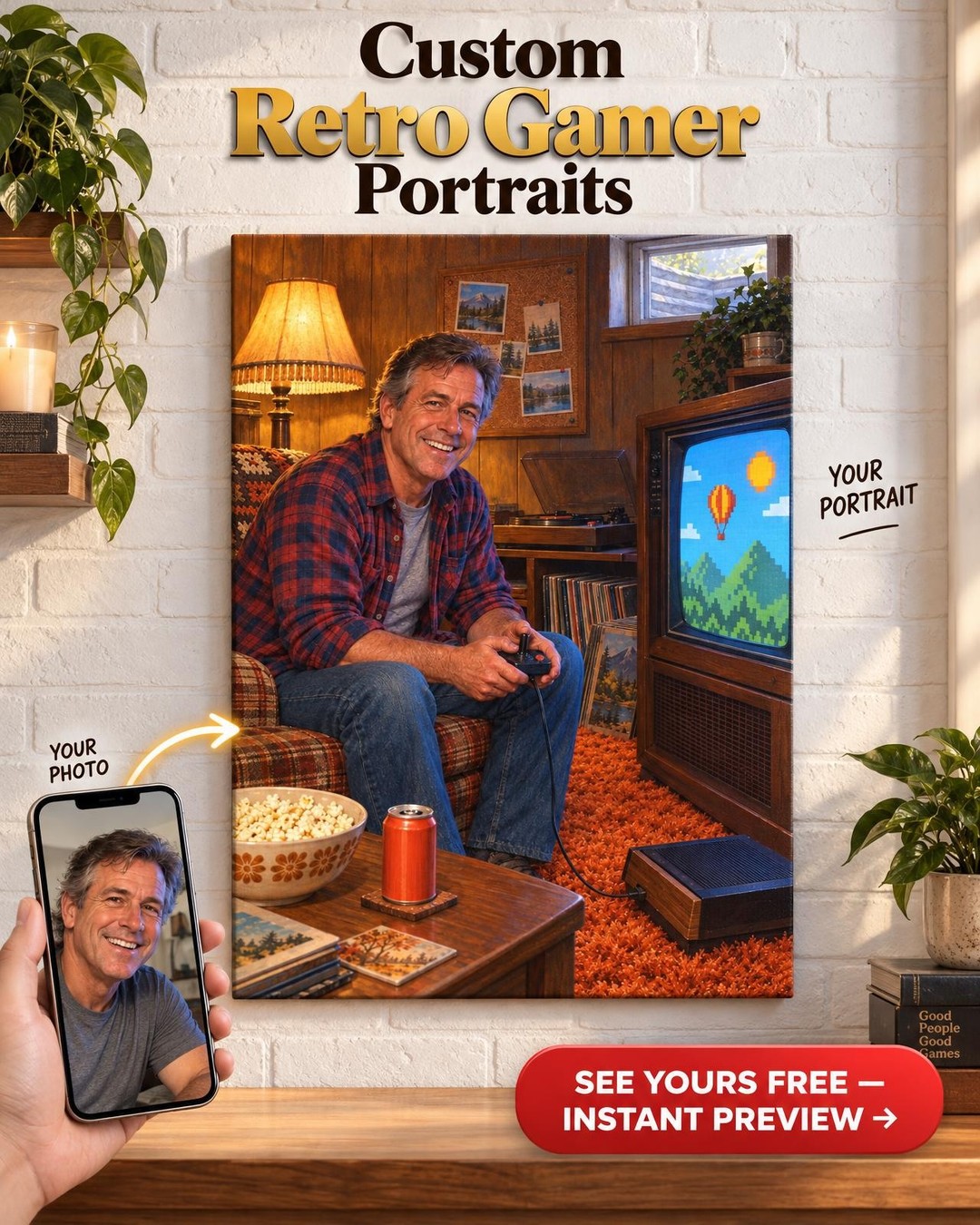 80s Basement Retro Gamer Custom Portrait from Photo | Personalized Retro Gamer Gift