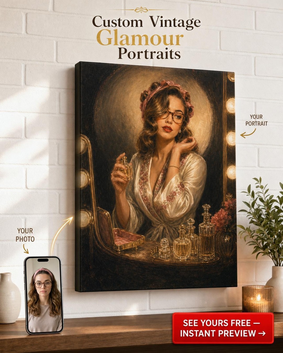 Custom 1940s Hollywood Vanity Starlet Portrait from Photo | Personalized Gift