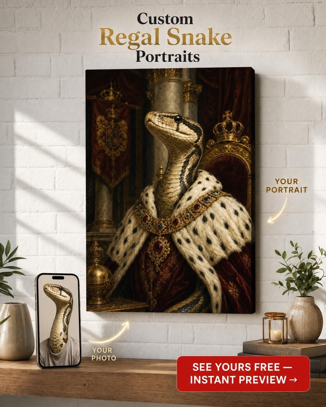 Custom Royal Cat Portrait — Regal Throne Canvas from Photo