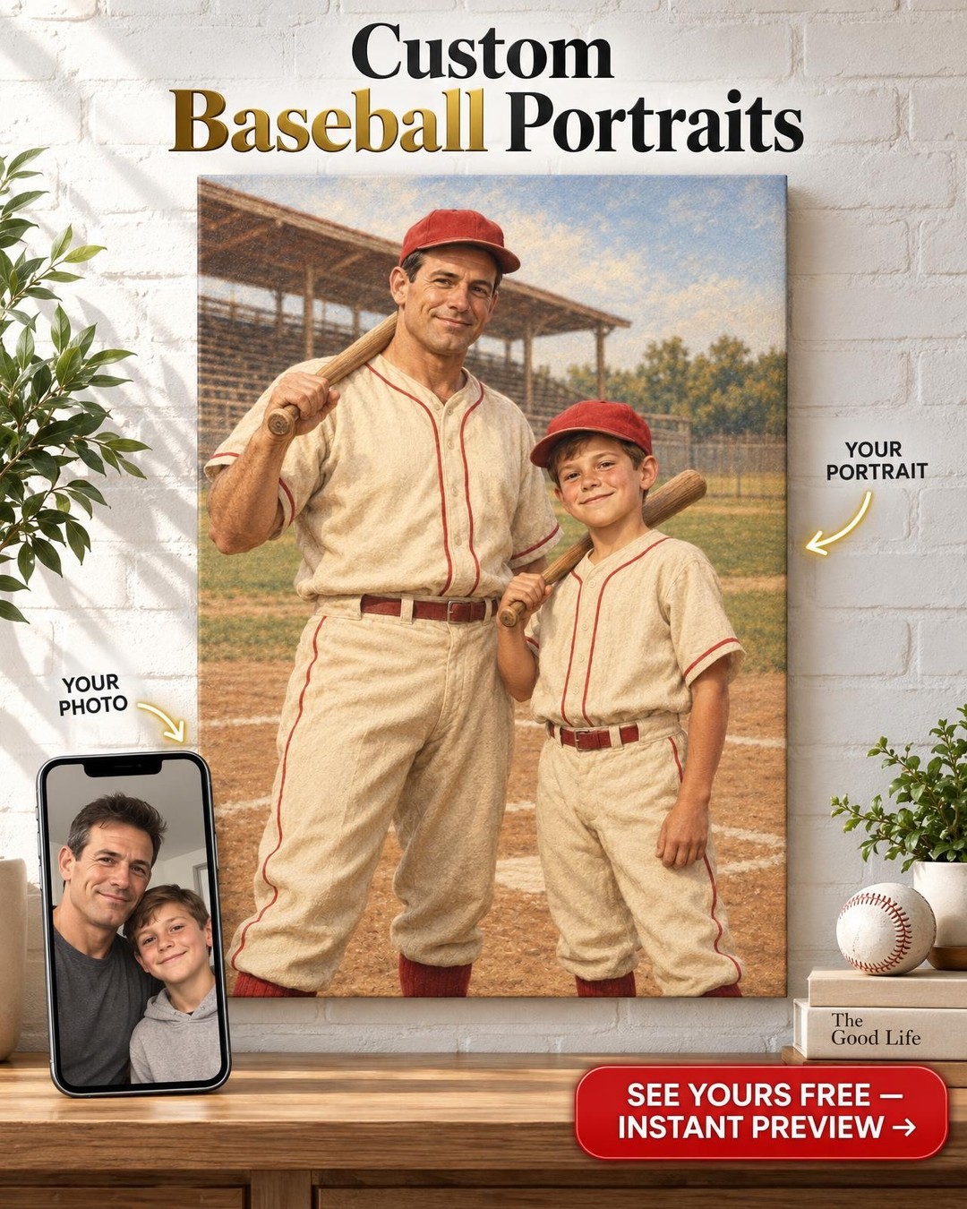 Vintage Teammates Baseball Custom Portrait from Photo | Personalized Baseball Portrait Gift
