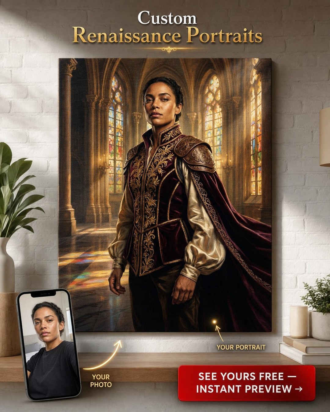 Custom Royal Single-Man Portrait — Regal Castle Canvas for Woman