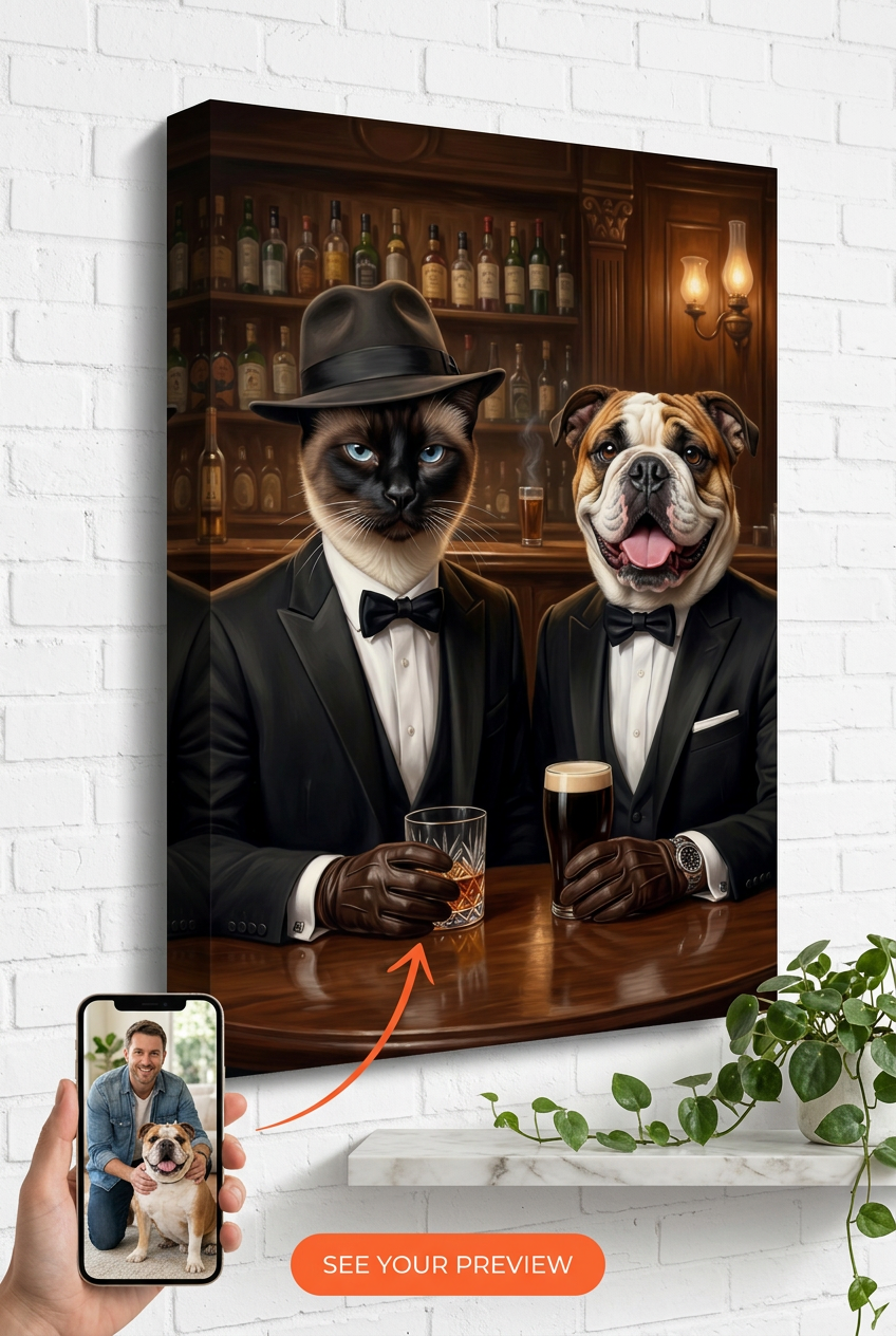 Custom Pet Portrait Couple — Whimsical Multi-Pets Canvas from Photo