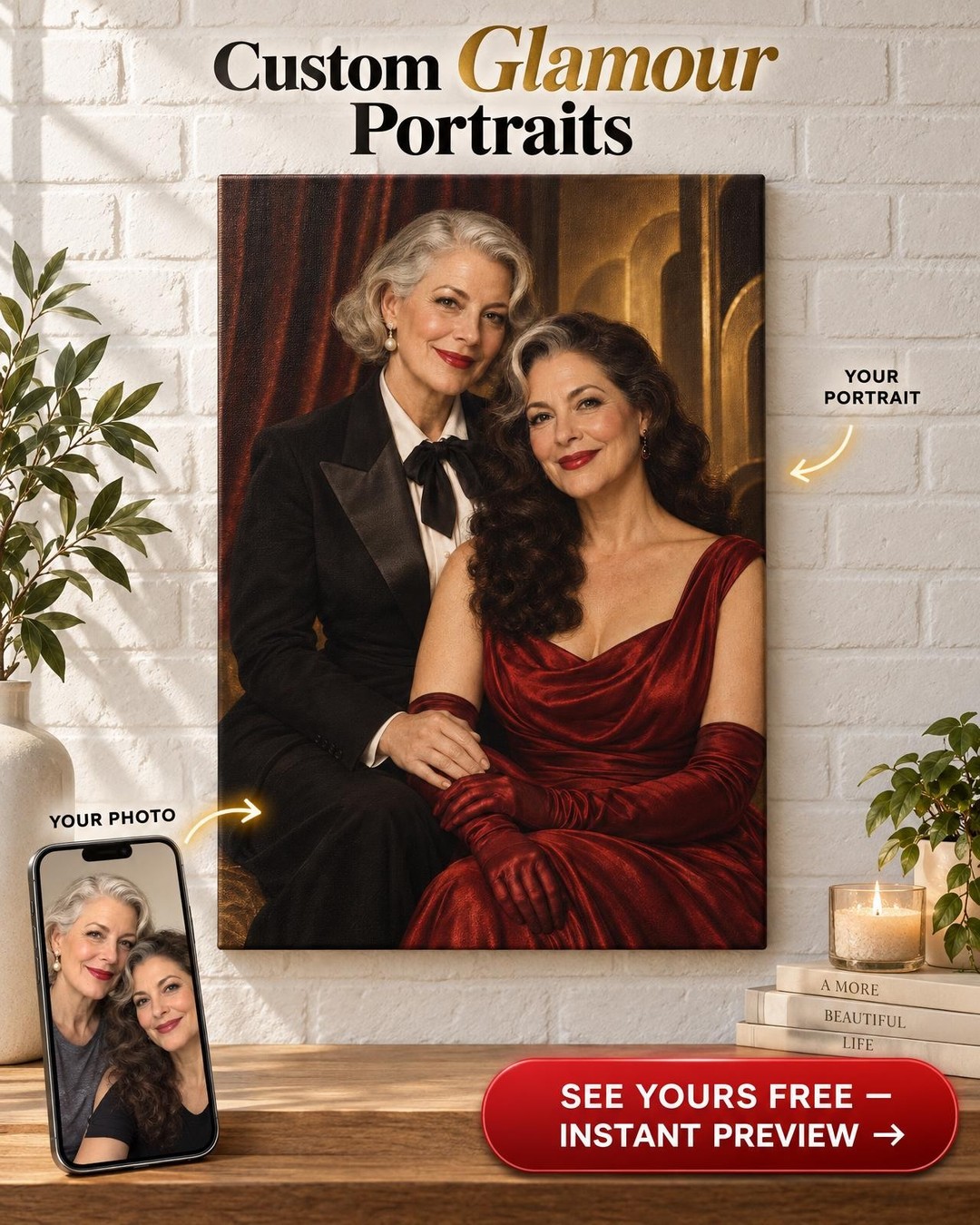 Tuxedo and Gown Classic Hollywood Custom Portrait from Photo | Personalized LGBTQ Couple Gift