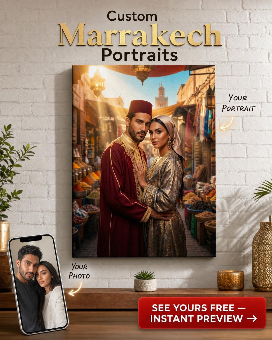Custom Royal Couple Portrait — Romantic Marketplace Scene Canvas