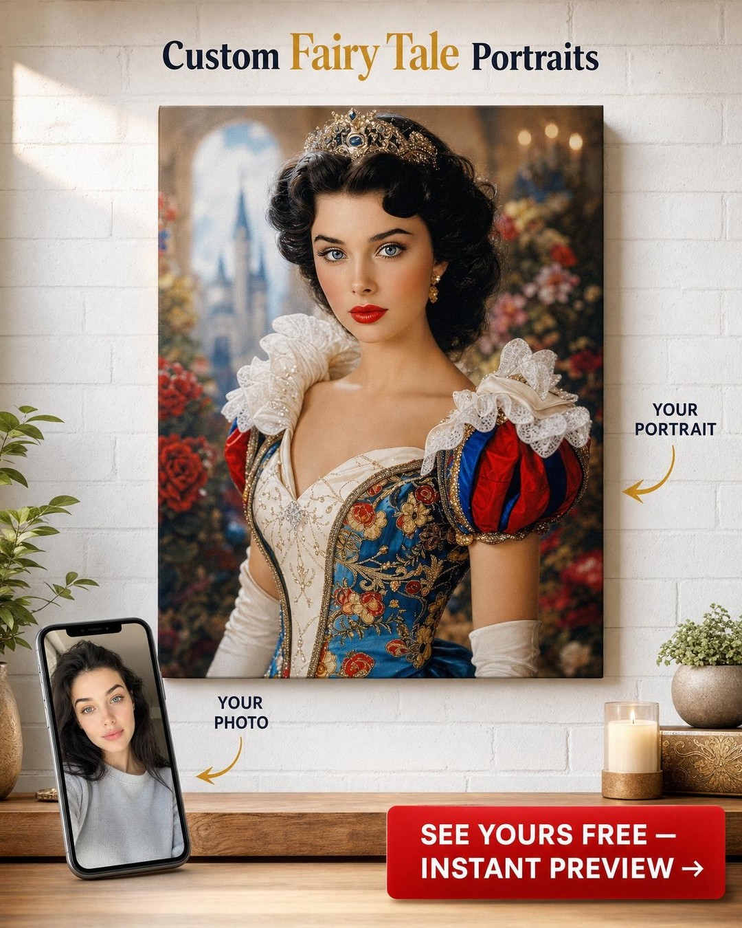 Custom Royal Portrait - Crown & Flowers Canvas