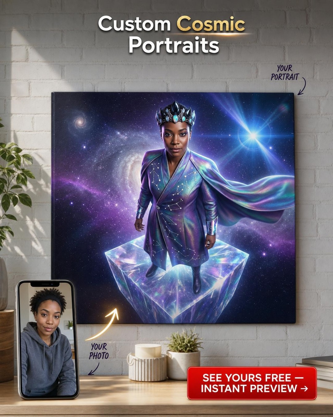 Custom Sci-Fi Woman Portrait — Heroic Galaxy Canvas Art
