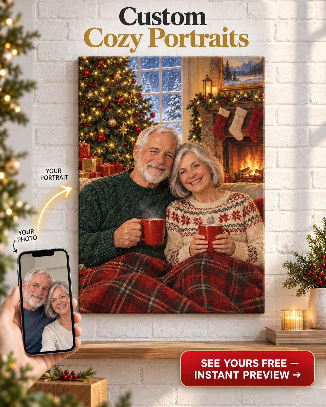 Christmas Morning Coffee Couple Custom Portrait from Photo | Personalized Coffee House Gift