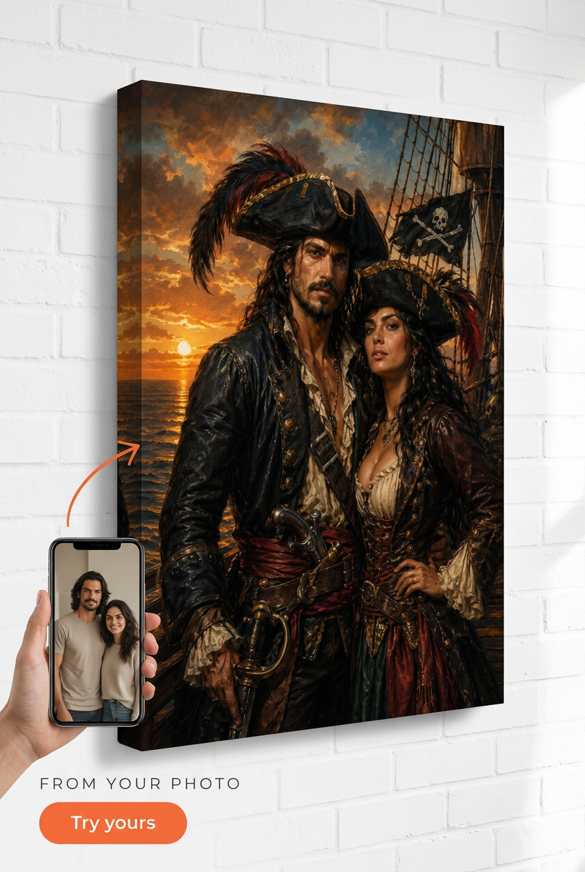 Custom Pirate Couple Portrait — Romantic Sunset Adventure from Photo