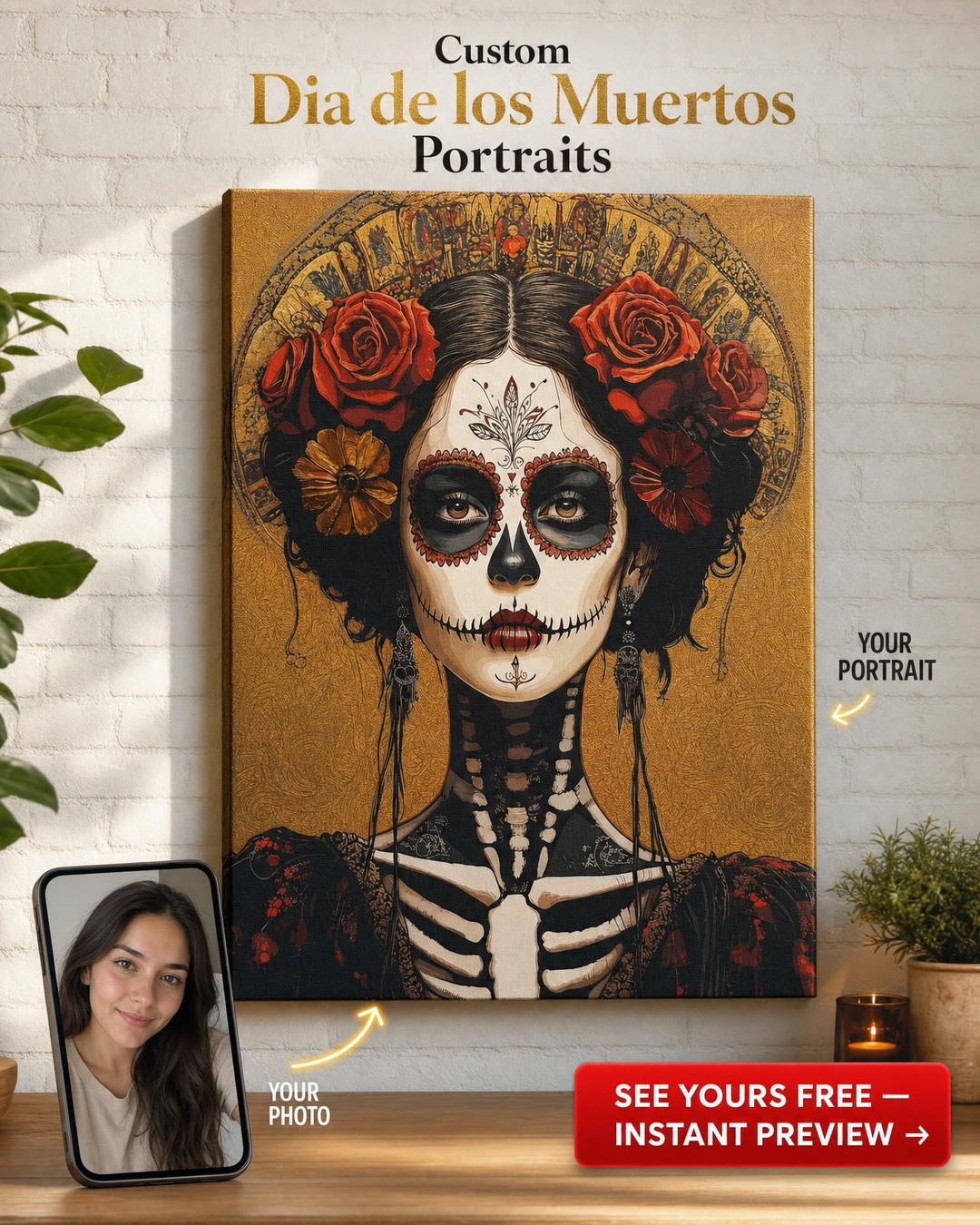 Day of the Dead Sugar Skull Custom Portrait from Photo | Personalized Gift