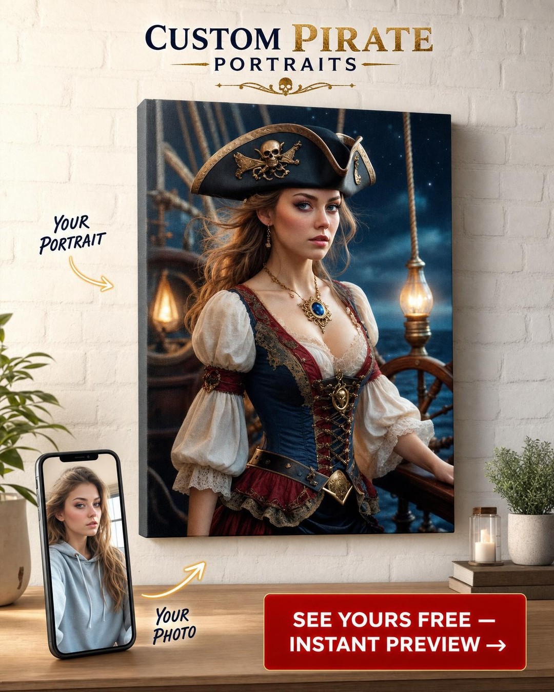 Custom Pirate Woman Portrait — Whimsical Canvas