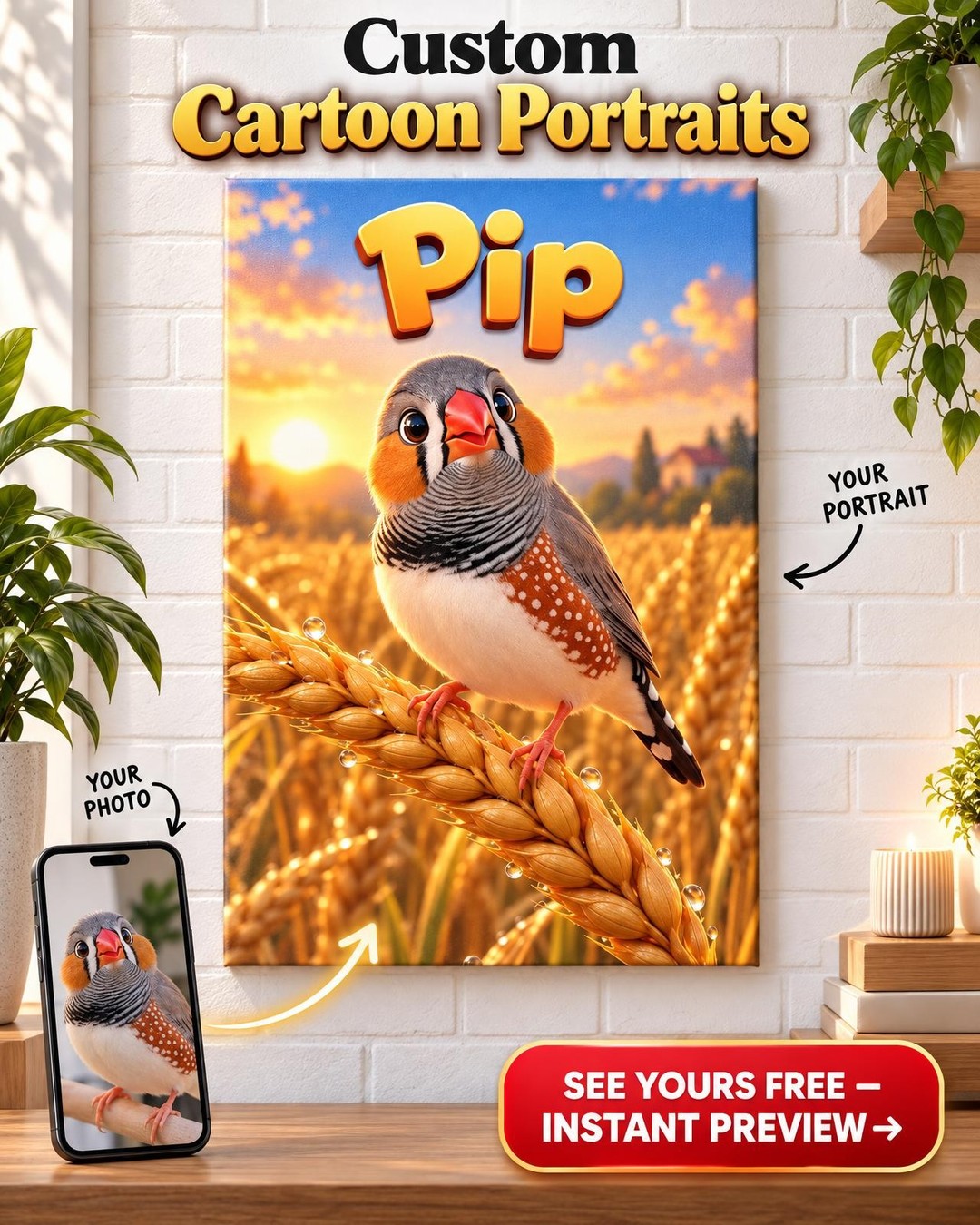 Custom Pixar-Style 3D Animated Zebra Finch Portrait from Photo | Personalized Bird Portrait Gift
