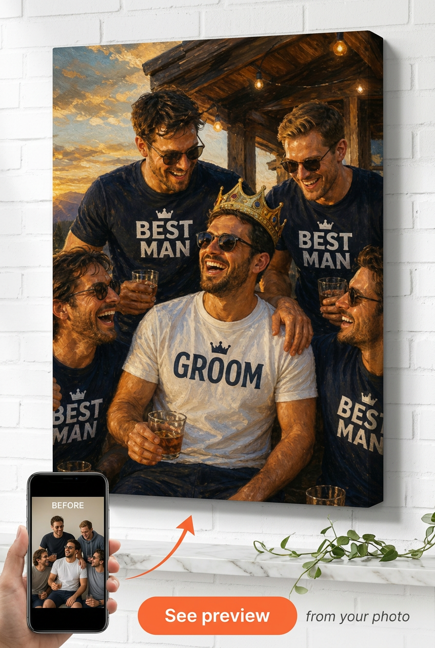 Custom Friendship Single-Man Portrait — Groom & Best Men Festive Canvas