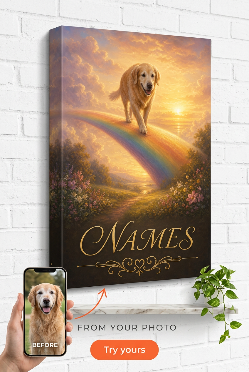 Custom Pet Memorial Portrait — Whimsical Rainbow Bridge Canvas from Photo