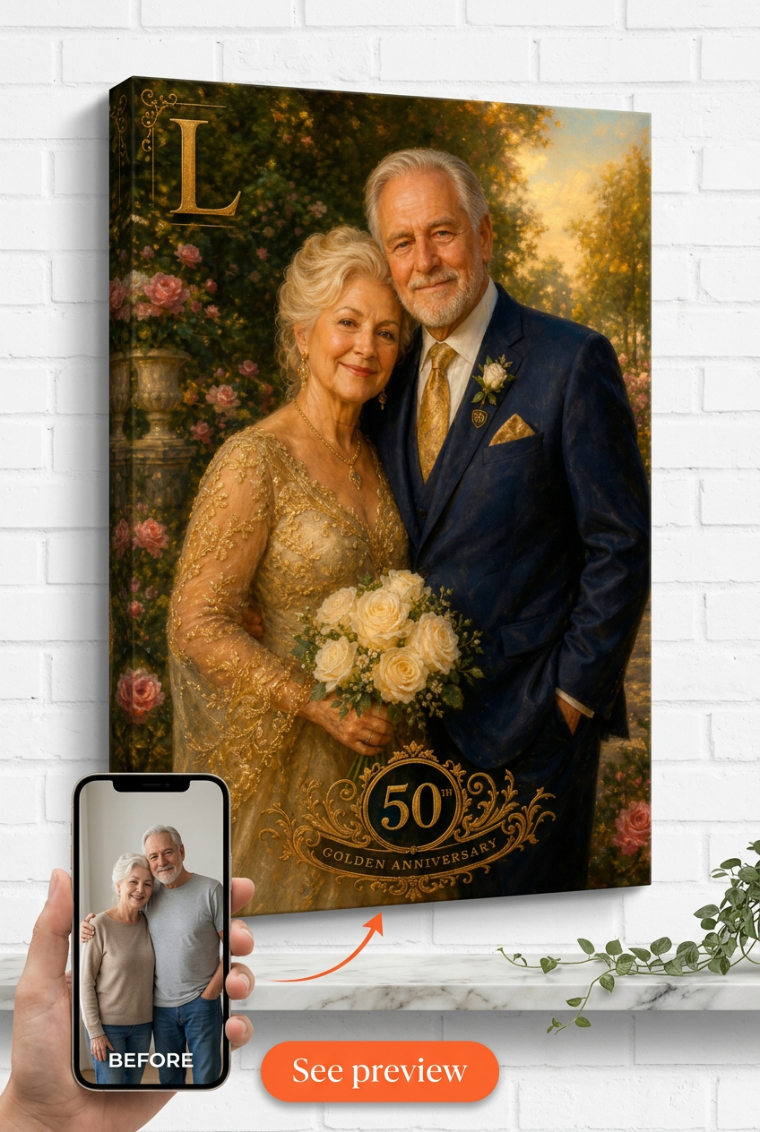 Custom Anniversary Couple Portrait — Romantic Garden Canvas from Photo