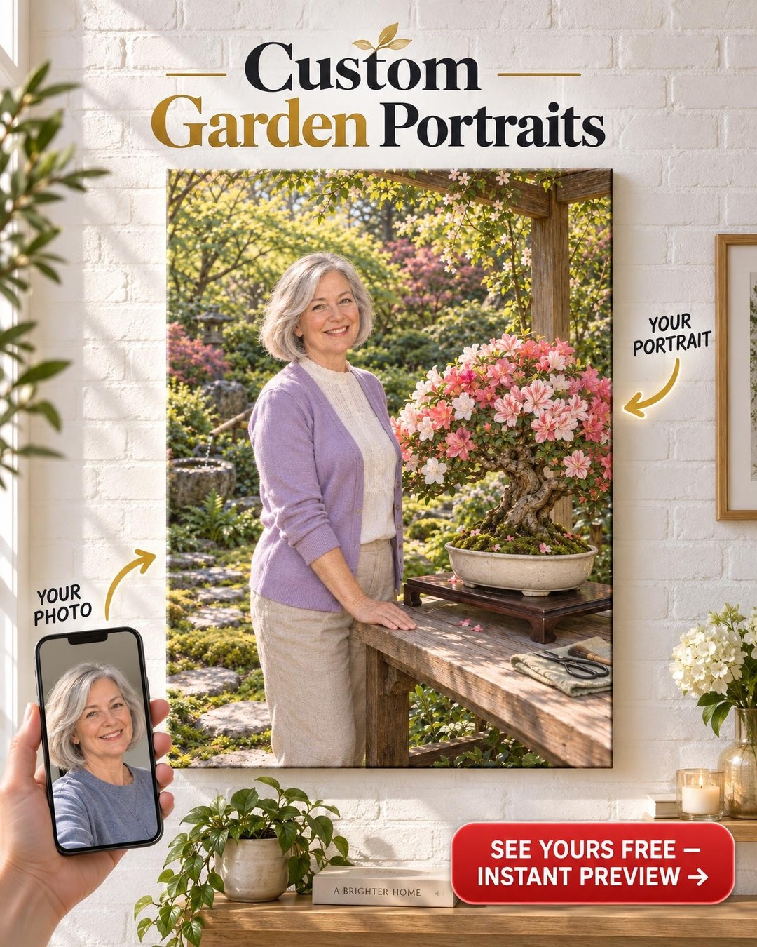 Azalea in Bloom Bonsai Custom Portrait from Photo | Personalized Bonsai Portrait Gift
