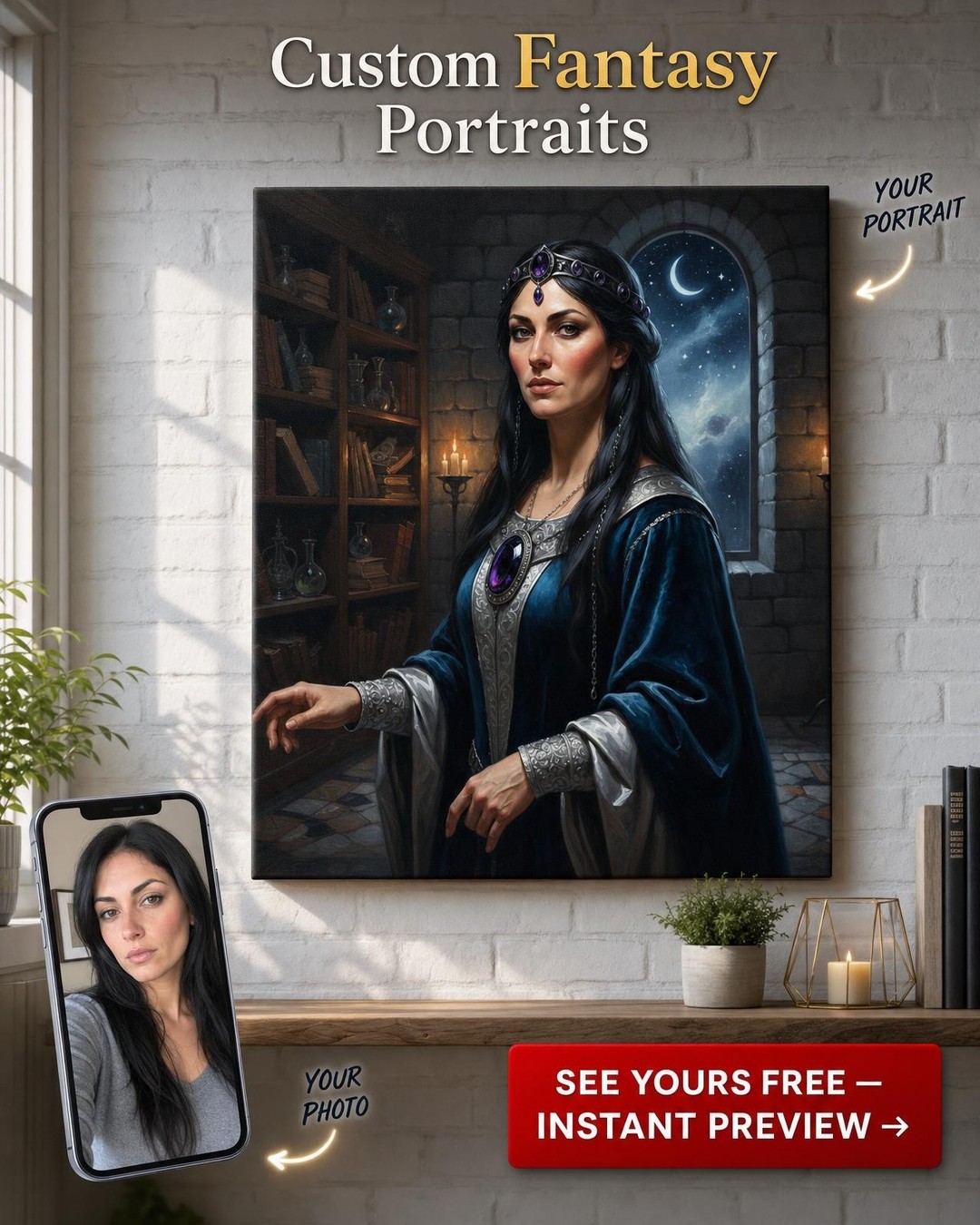 Custom Fantasy Woman Portrait — Regal Crown & Moonlight Canvas