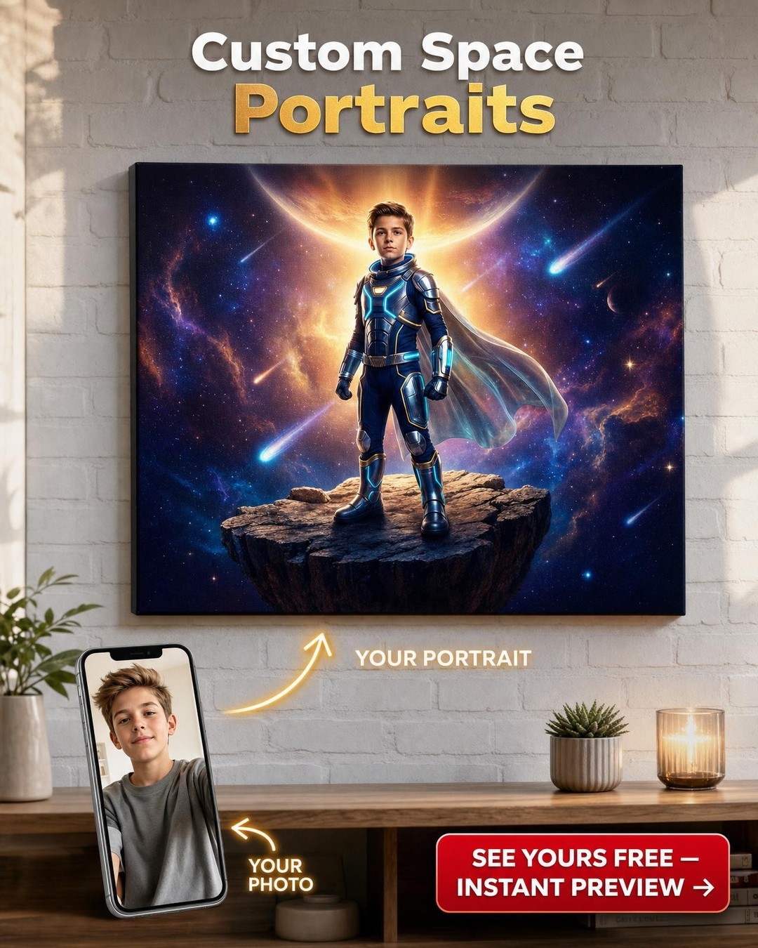 Custom Sci-Fi Single Man Portrait — Heroic Space Suit Canvas