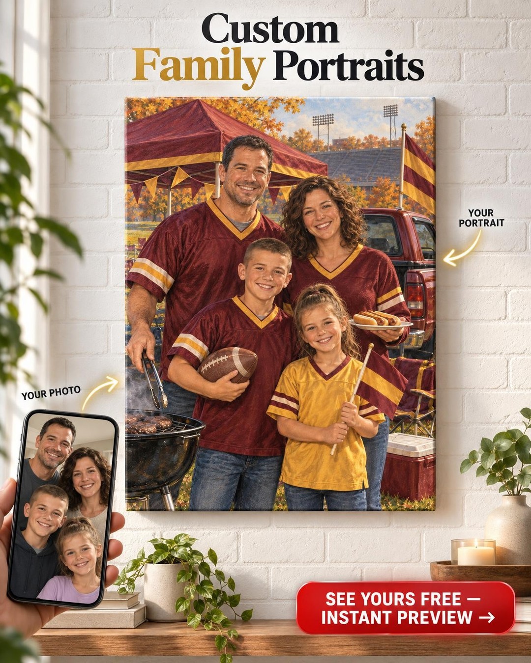 Family Tailgate Saturday Custom Portrait from Photo | Personalized Game Day Gift