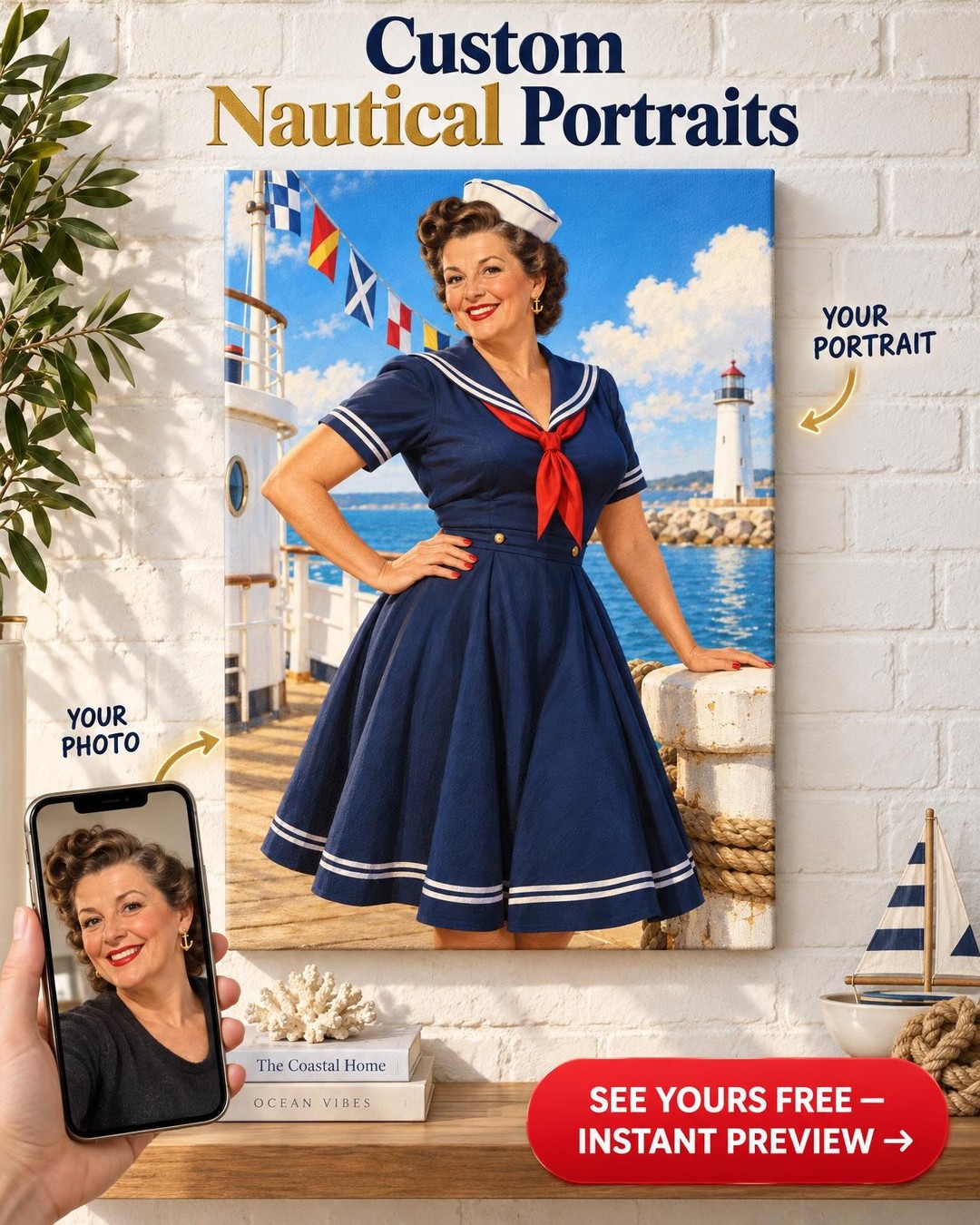 Sailor Sweetheart Custom Portrait from Photo | Personalized Rockabilly Gift
