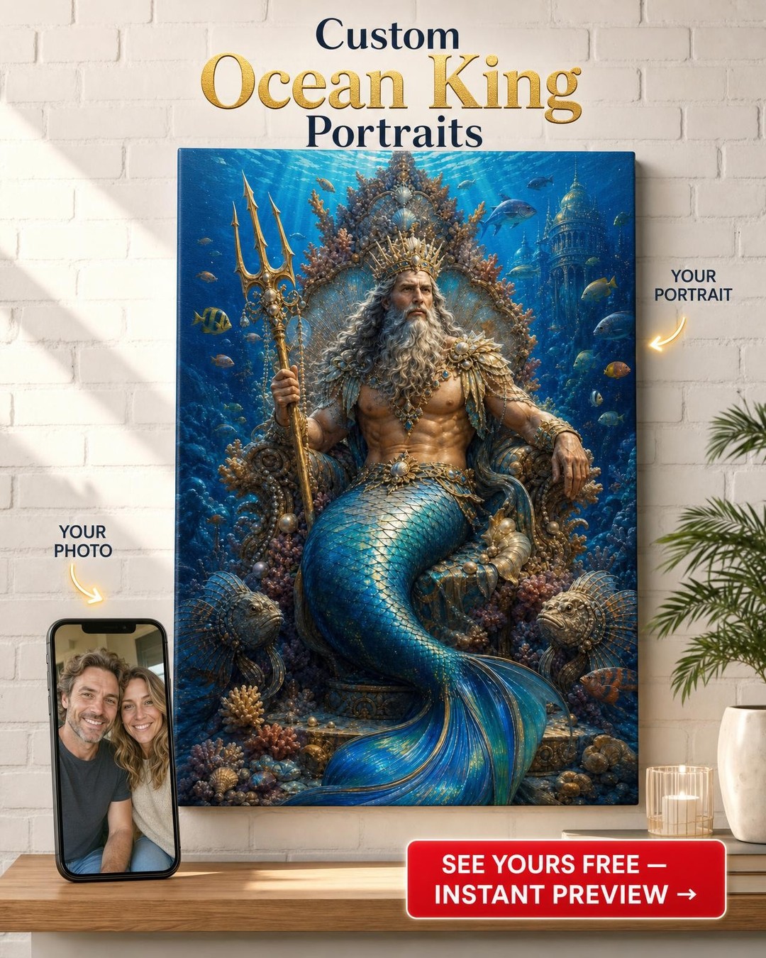 Coral King Merman Custom Portrait from Photo | Personalized Canvas Gift