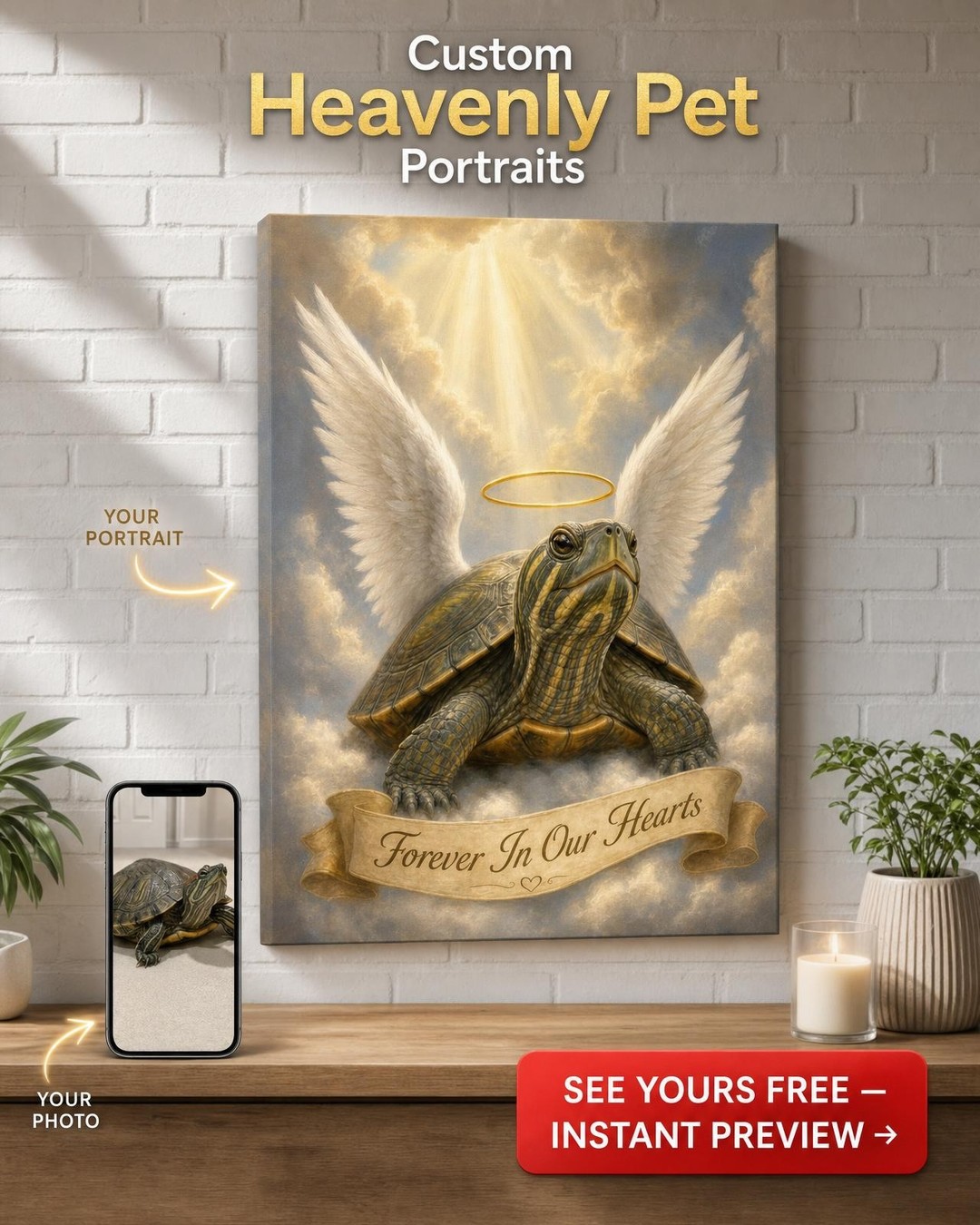 Custom Memorial Pet Portrait — Angel Wings Canvas from Photo