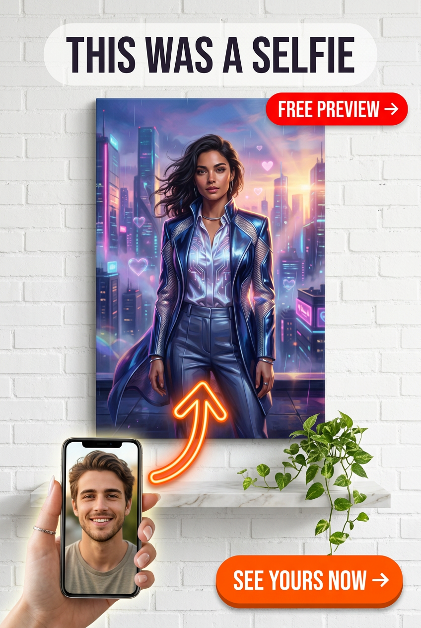 Custom Cyberpunk Woman Portrait — Neon City Whimsy Canvas