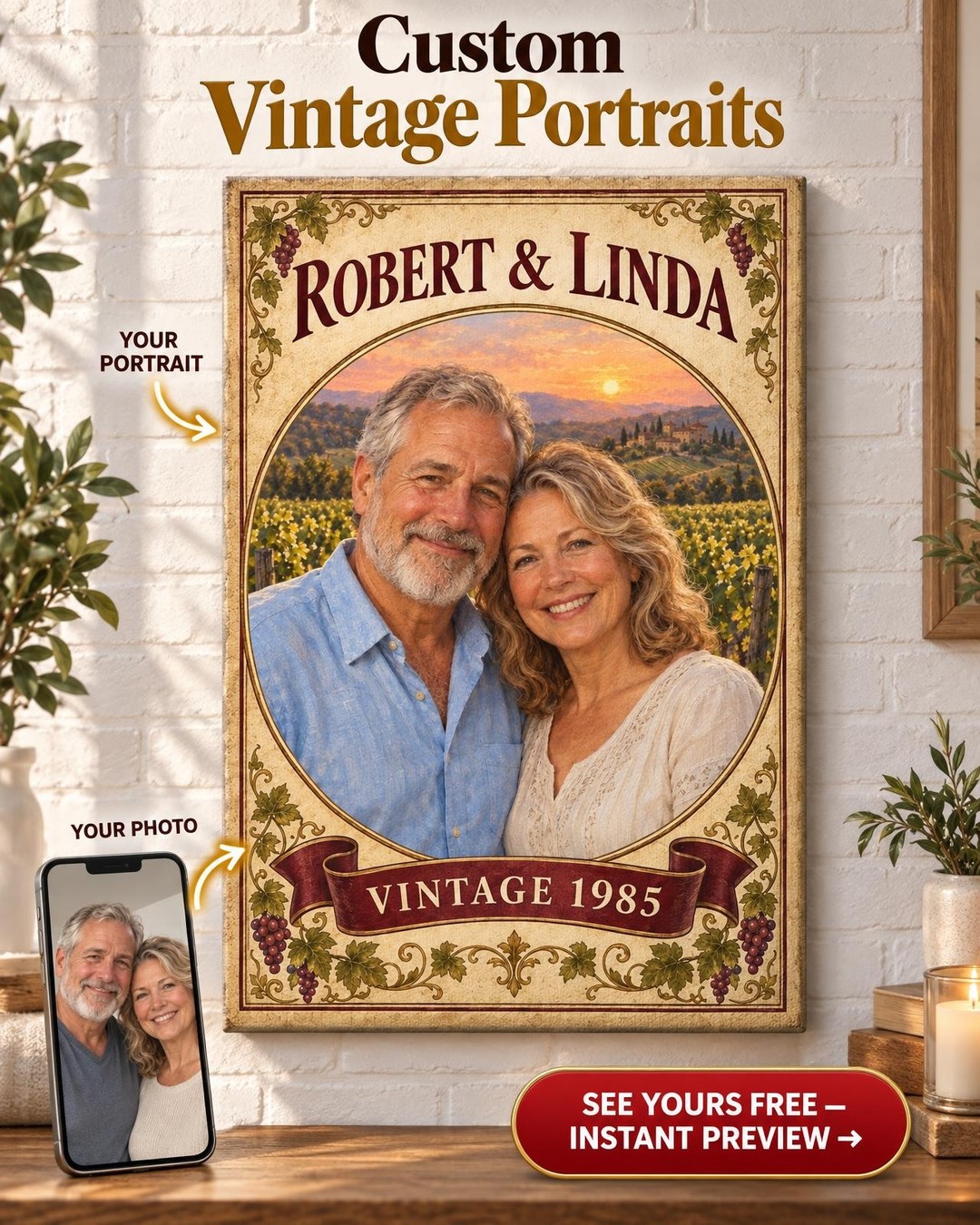 Vintage Wine Label Couple Custom Portrait from Photo | Personalized Vineyard Romance Gift
