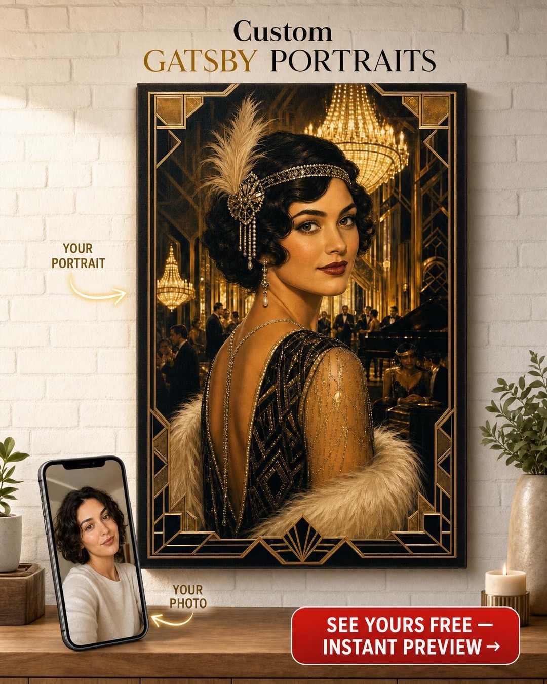 Ballroom Glam Art Deco Custom Portrait from Photo | Personalized Canvas Gift
