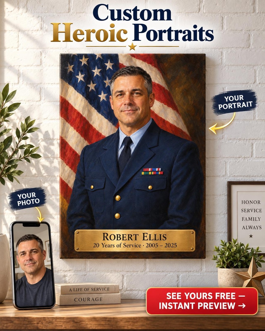 Military Retirement Nameplate Custom Portrait from Photo