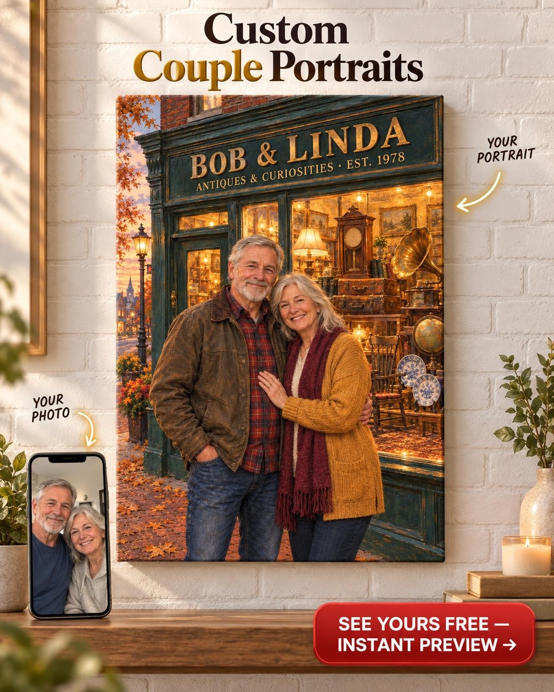 Antique Shop Couple Custom Portrait from Photo | Personalized Canvas Gift