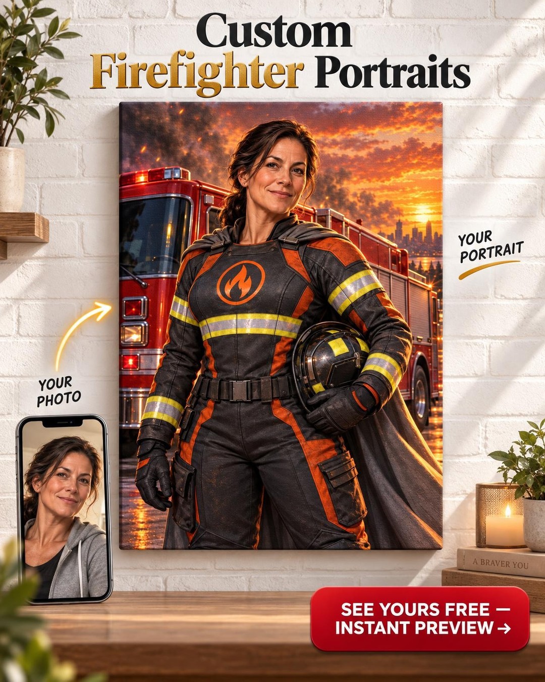 Super Firefighter for Her Custom Portrait from Photo | Personalized Superhero Portrait Gift