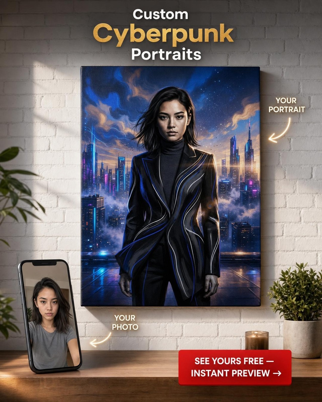 Custom Cyberpunk Single Man Portrait — Heroic City Skyline Canvas