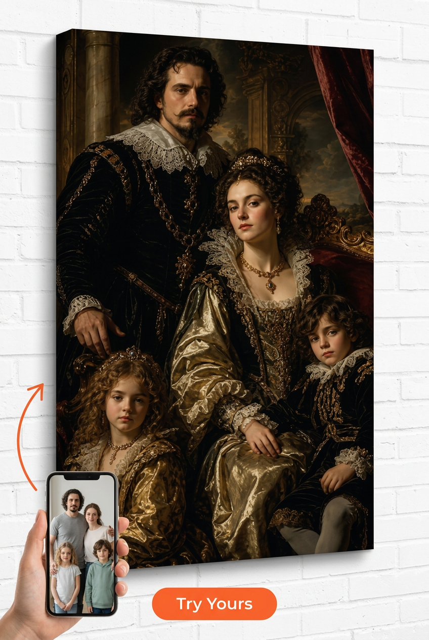 Custom Baroque Family Portrait — Regal Throne Canvas from Photo