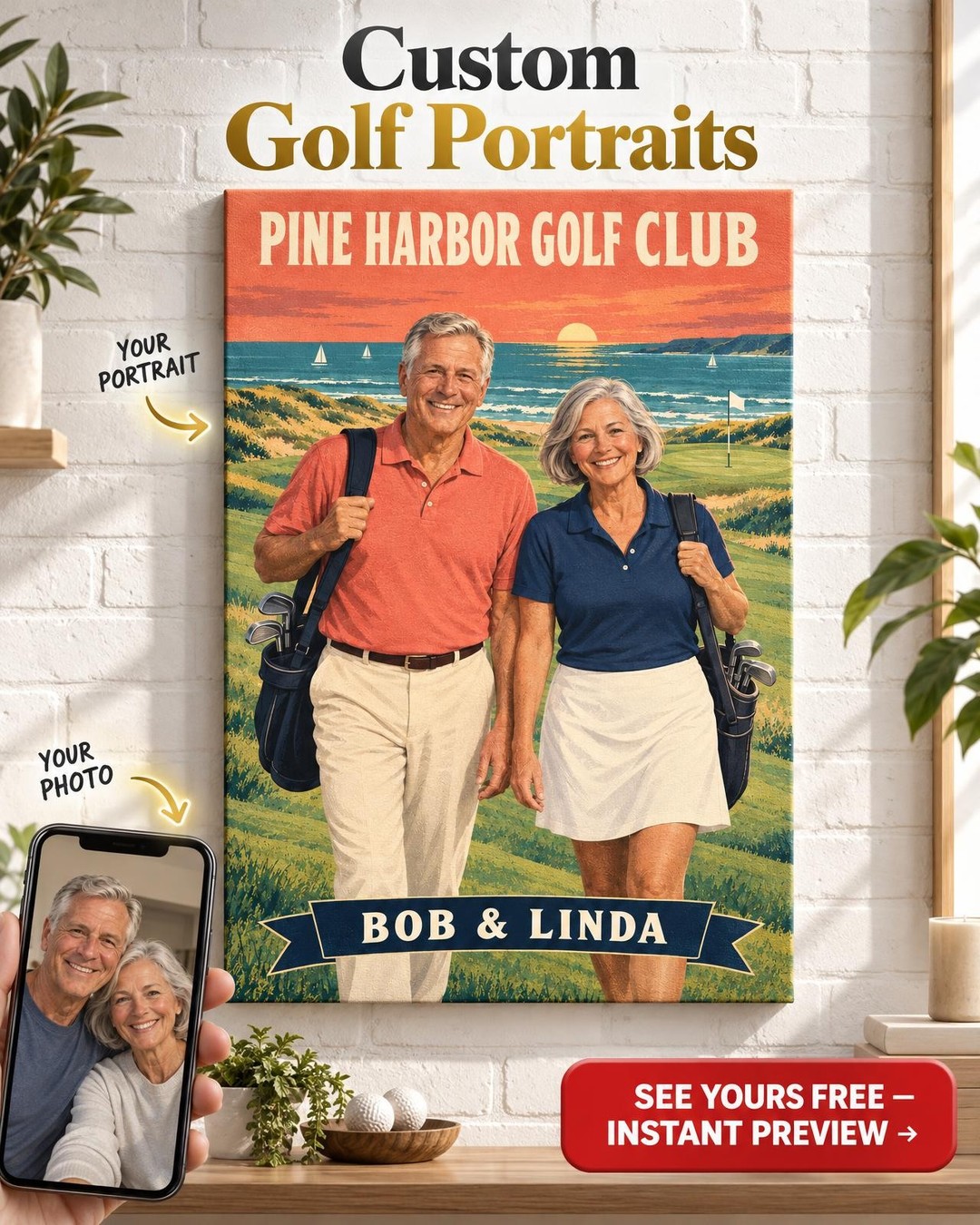Vintage Golf Poster Custom Portrait from Photo | Personalized Golf Portrait Gift