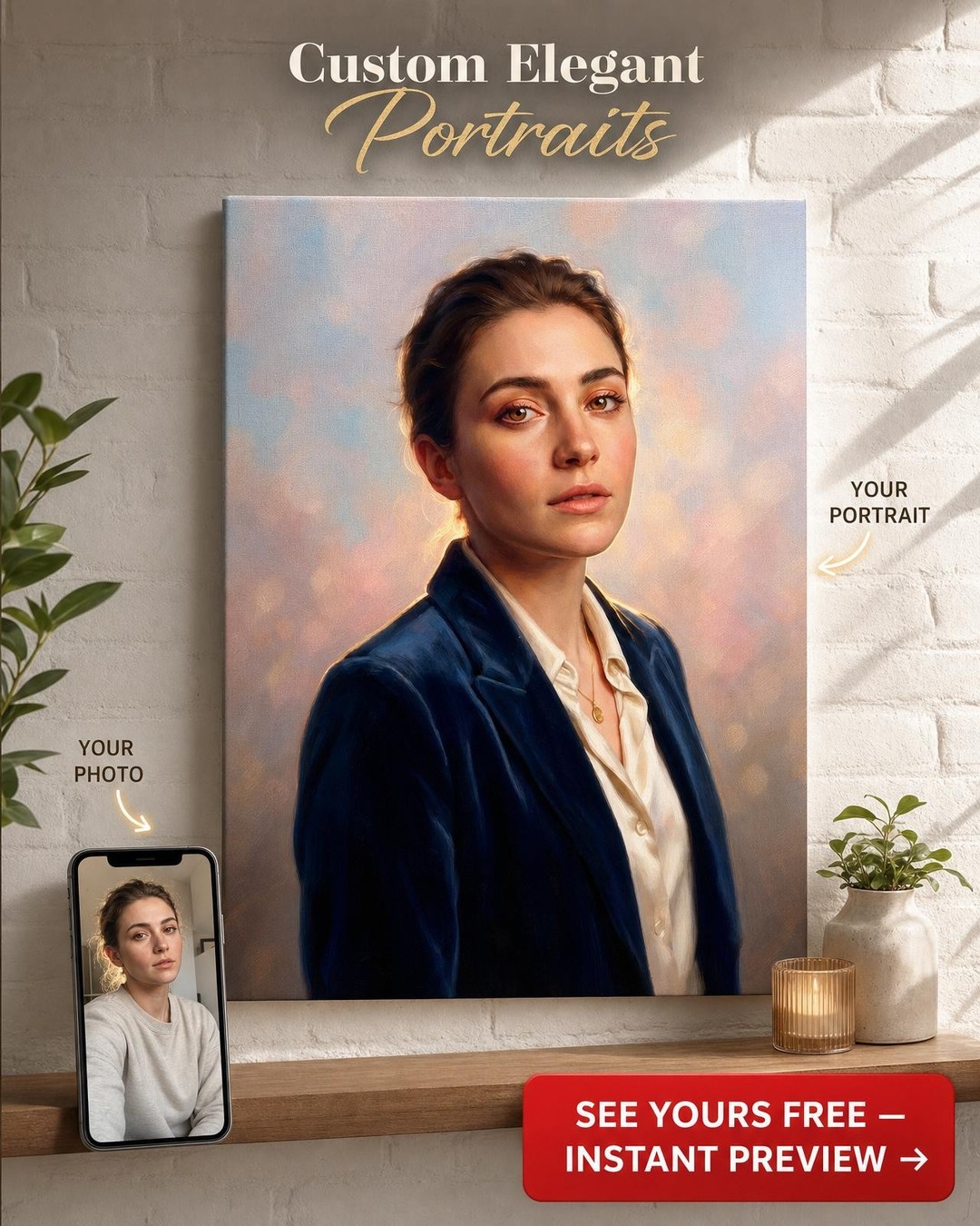 Custom Impressionist Woman Portrait — Serene Canvas from Photo
