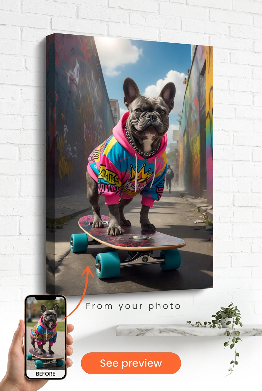 Custom Pop Art Dog Portrait — Whimsical Skateboard Canvas